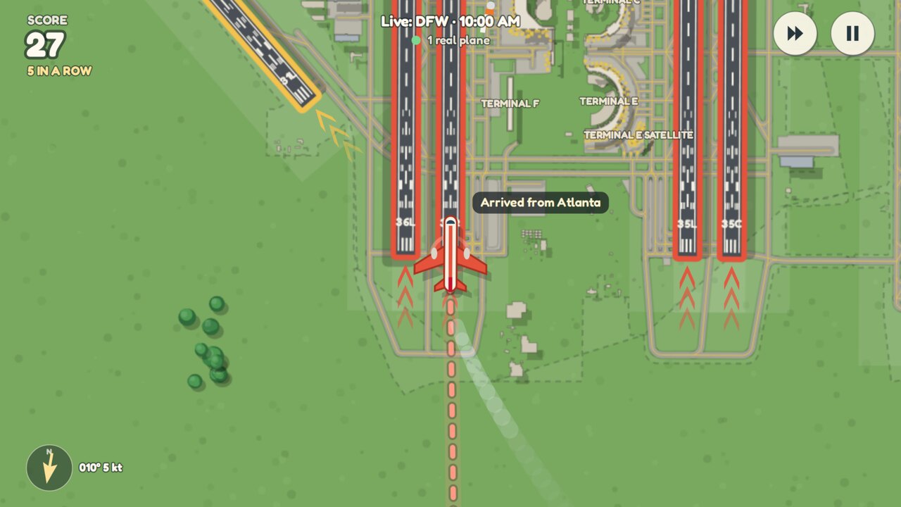 A real plane has just landed on a runway at Dallas Fort Worth, with the note Arrived from Atlanta beside it.