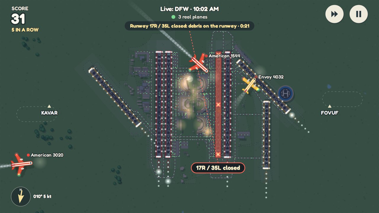 A runway at night, closed for an inspection: red hatched strip with X marks, and a label naming both ends.