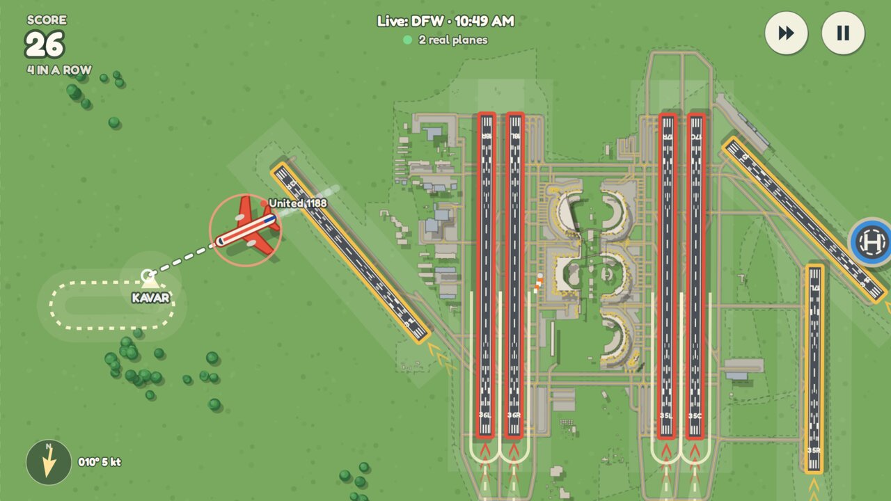 A real plane drawn towards a holding racetrack, with the track lit up under the finger.