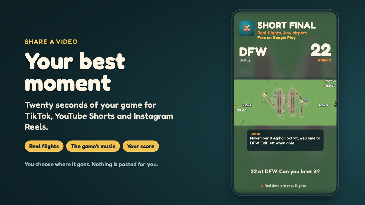 A vertical video frame of the game, with the real flight names and a closing line with the score, beside the words Share a video.